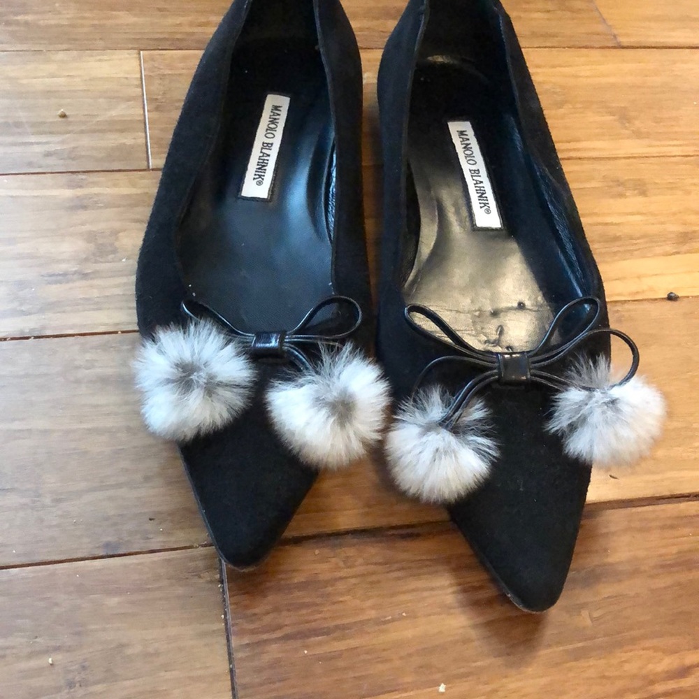 Manolo Blahnik black suede pointy-toe flats with grey rabbit fur puffs